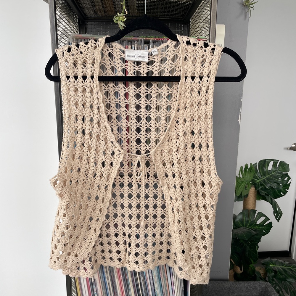 Crochet tie front beige vest - size M